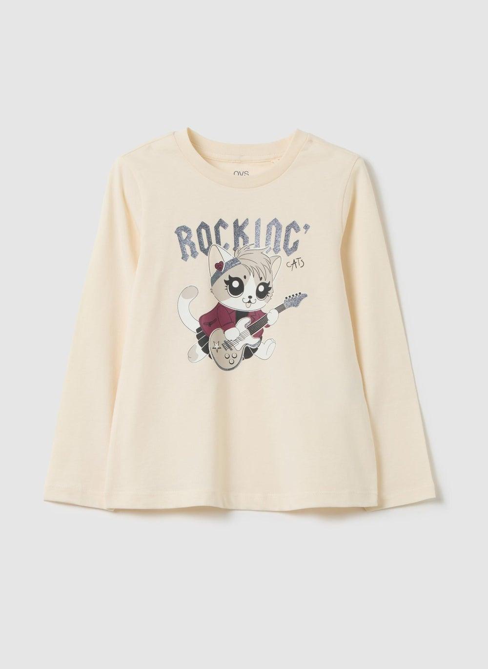 OVS Girls Beige Cotton Graphic T-Shirt Rocking Cats - Image 1
