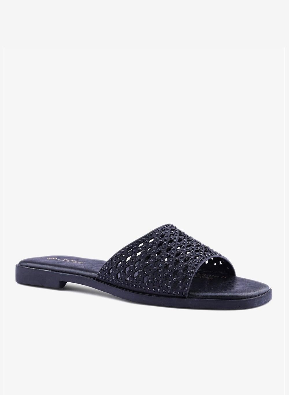 Black Cut-Out Flat Slip-On Sandals for Women - Image 1