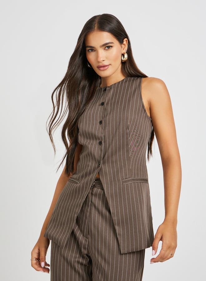 Brown Striped Round Neck Waistcoat 7013488105 - Image 1