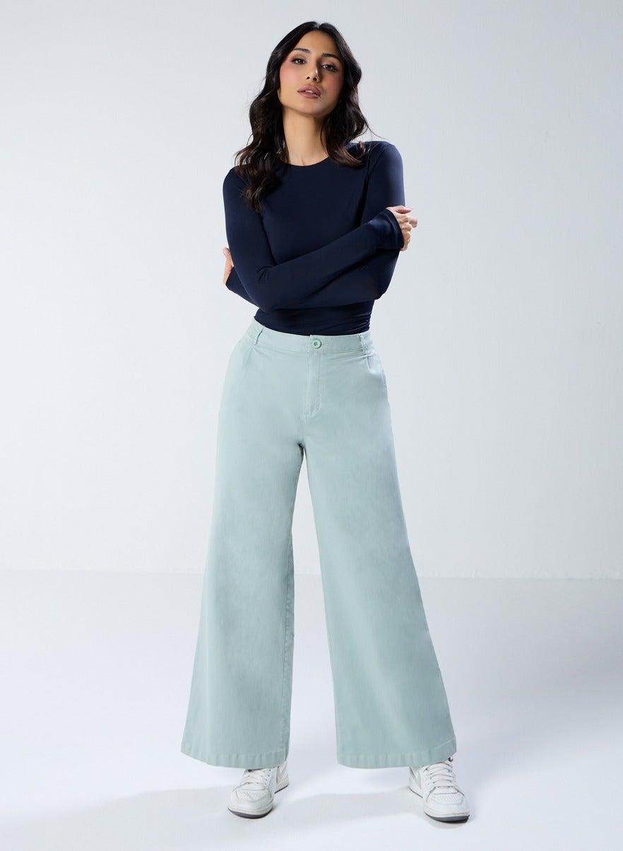 Mint Green Flared Chino Pant – High-Rise Wide Leg - Image 1