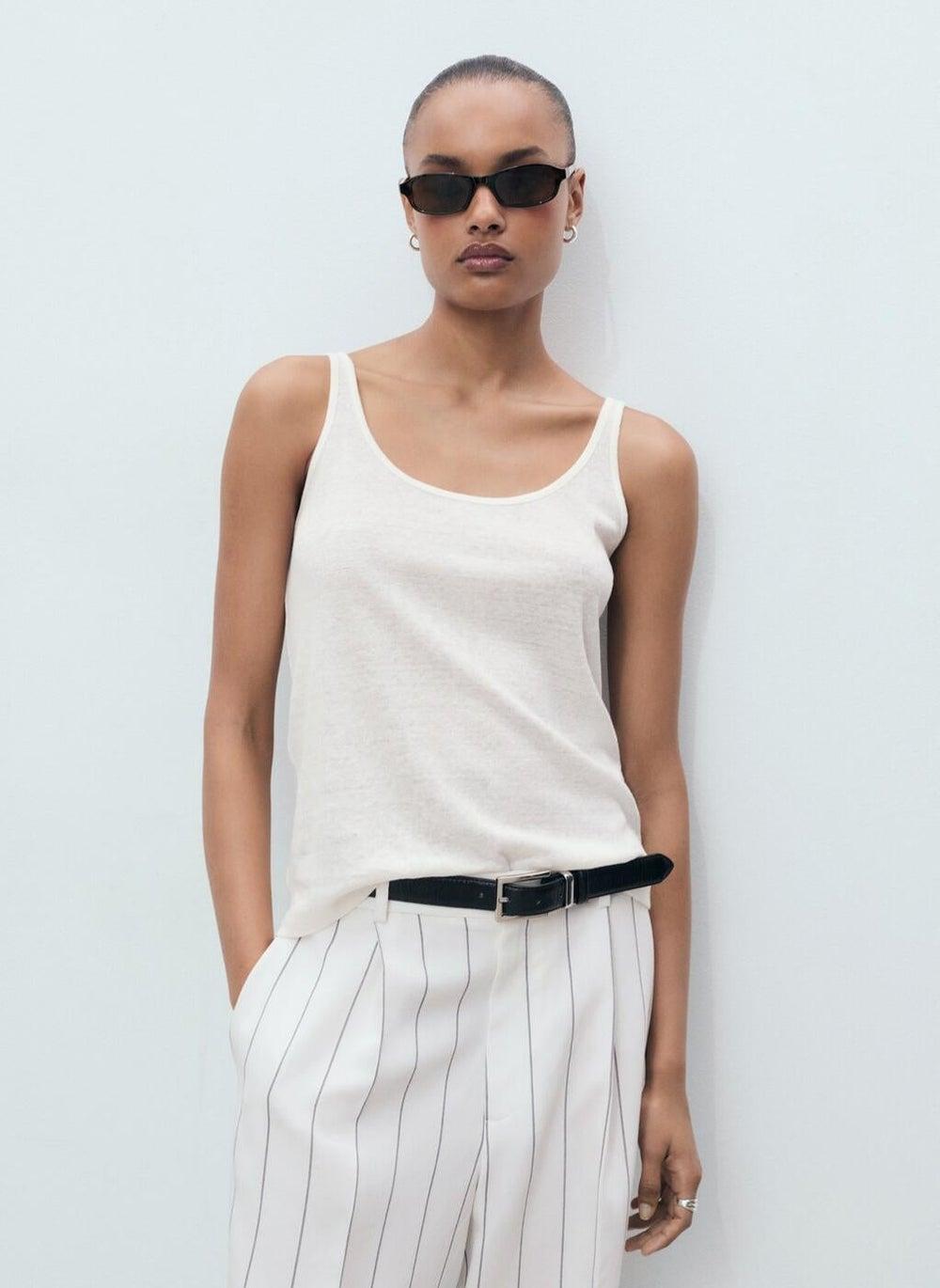 White Linen Crew Neck Sleeveless Top 17081217 02 - Image 1