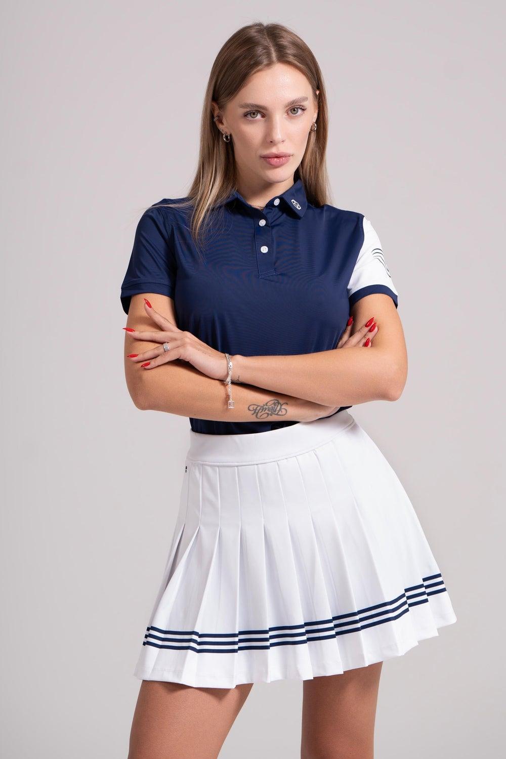 EGL Women's Pleated Golf Skirt White Navy Stripes - Image 1