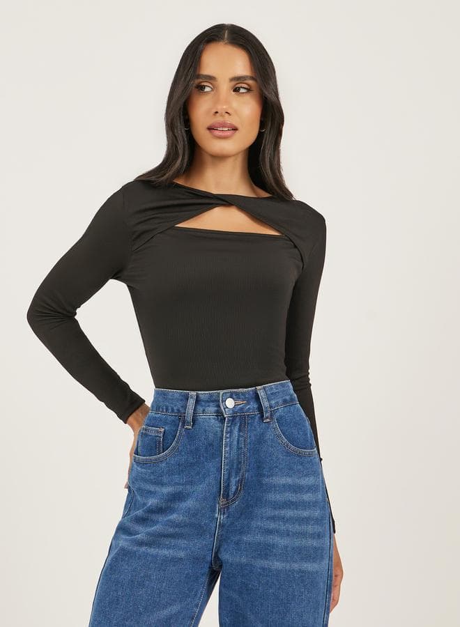Black Ribbed Cut-Out Slim Fit Knit Top 7012000536 - Image 1