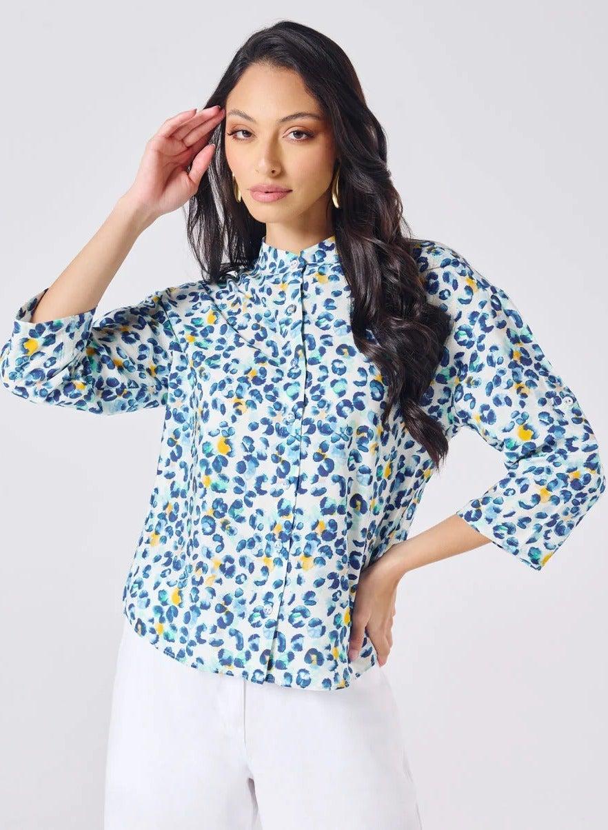 Mandarine Collar Blue Printed Roll-Up Sleeve Top - Image 1
