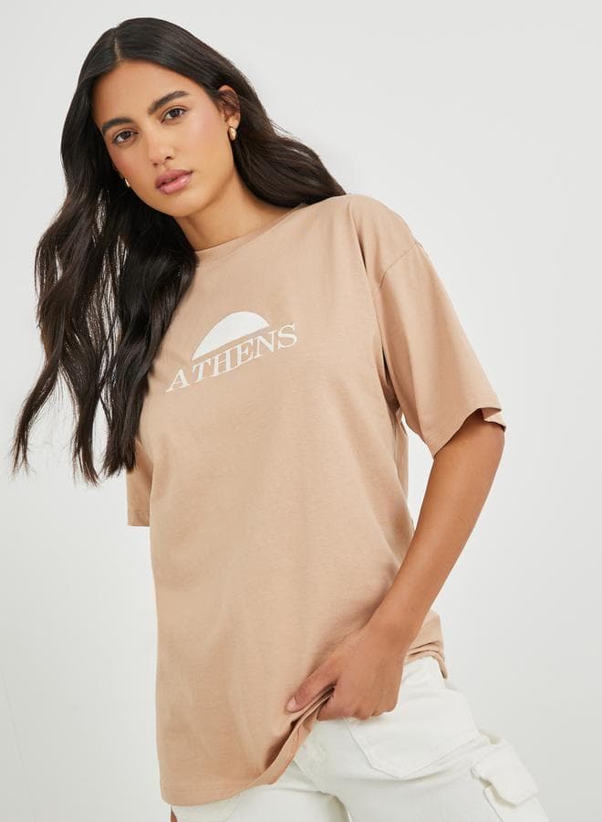 Beige Embroidered Slogan Oversized Cotton T-Shirt - Image 1