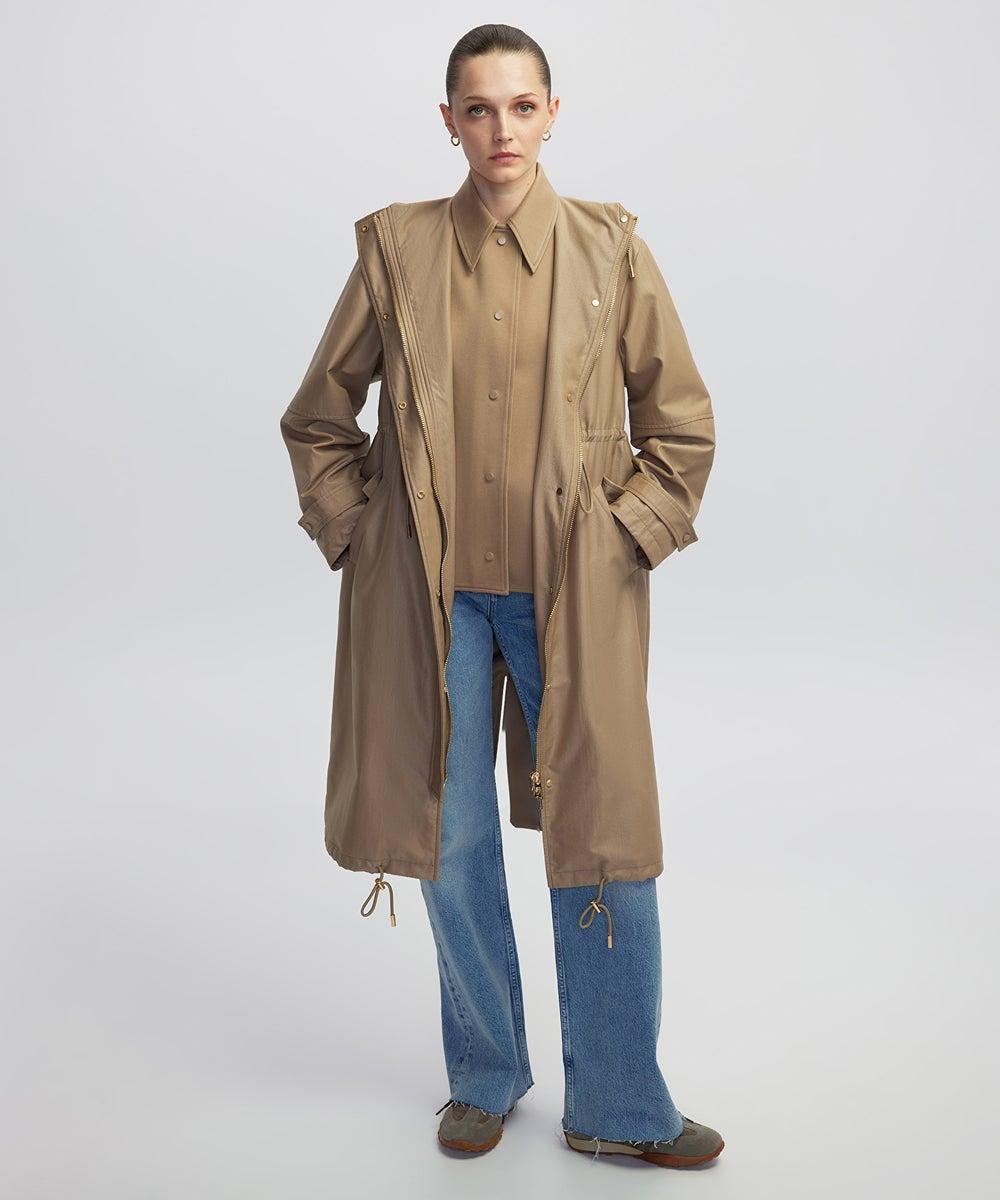 Camel Layered Faux Leather Hooded Coat - Image 1