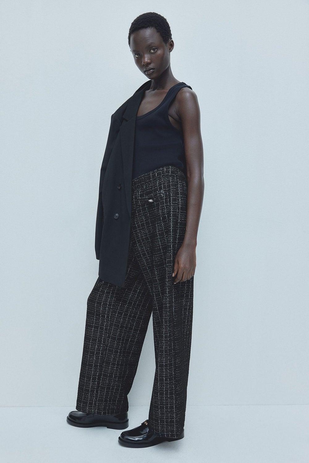 Checkered Bouclé-Jersey High-Rise Trousers - Image 1