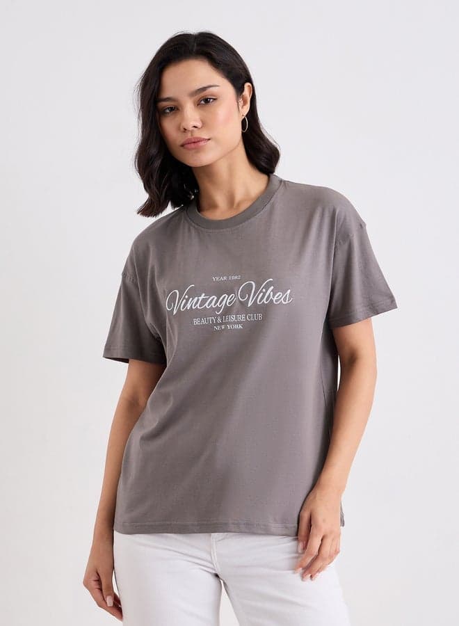Styli Embroidered Slogan Grey Boxy Fit T-Shirt - Image 1
