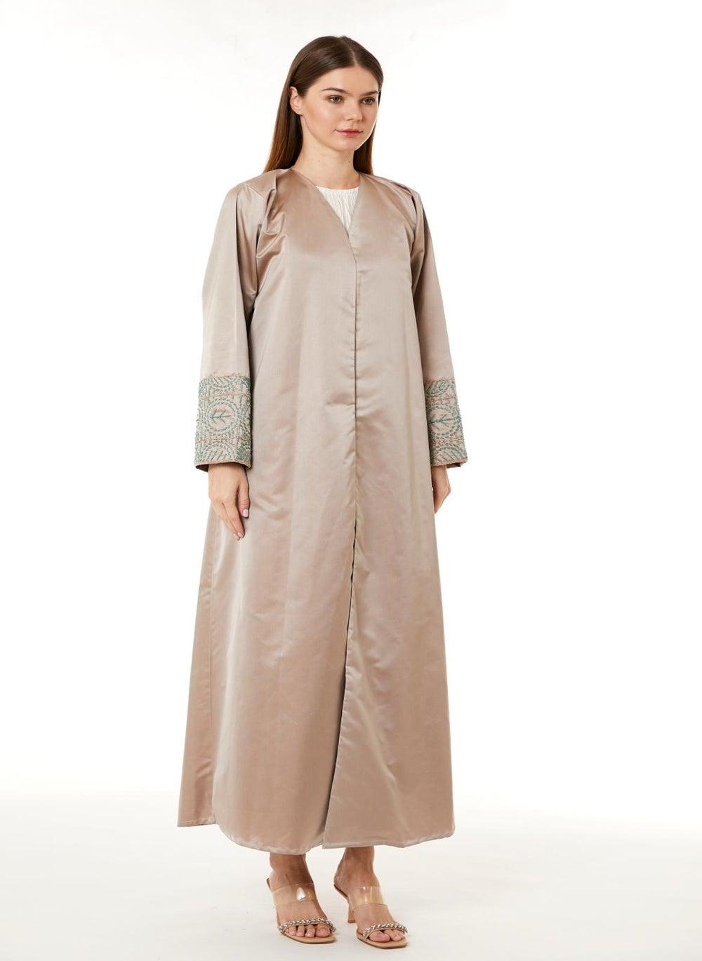 Tan Victoria Satin Hand-Embellished Abaya - Image 1