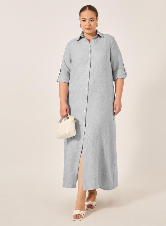 Styli Plus Size Roll-Up Sleeve Maxi Shirt Dress - Image 1