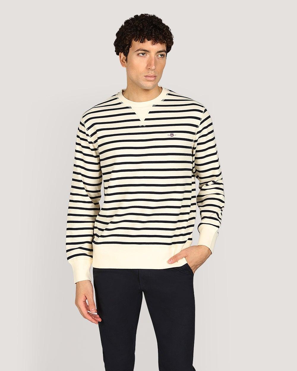 GANT Cream Striped Waffle Crew Neck Sweatshirt - Image 1