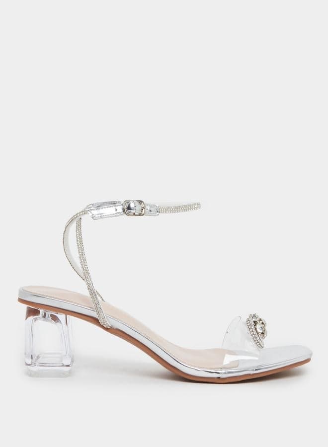 Silver Embellished Bow Transparent Strap Block Heel Sandals - Image 1