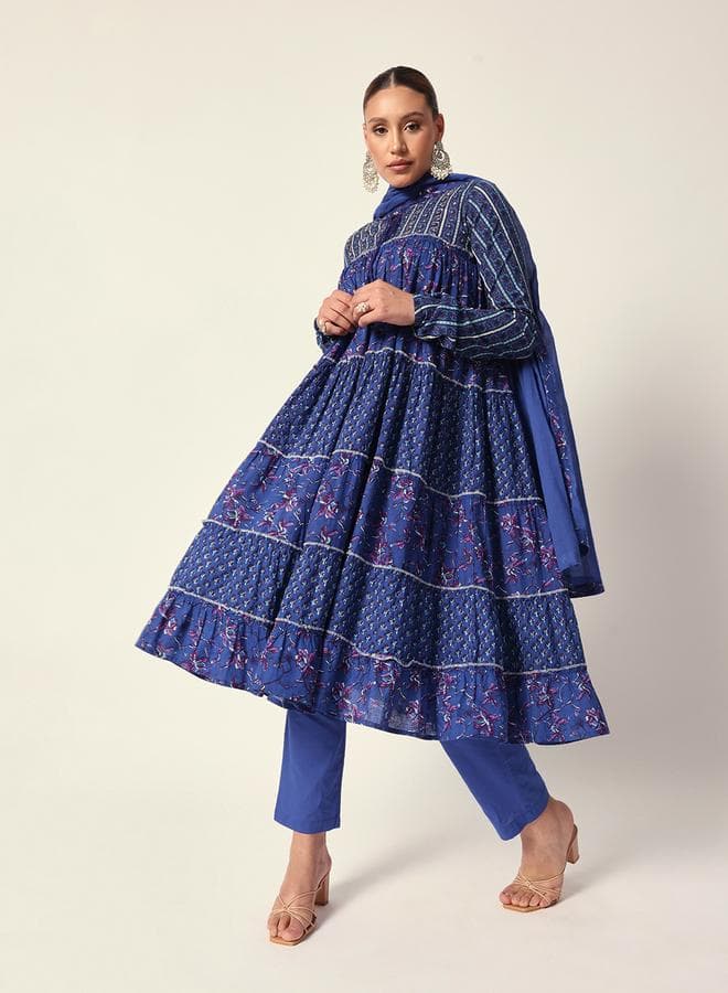 Blue Textured Cotton Kurta Set with Palazzo - Image 1