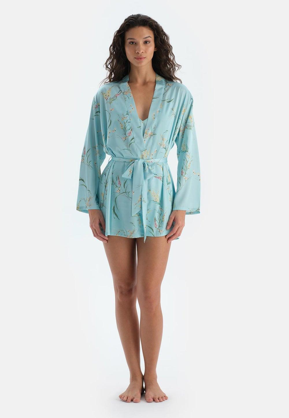 Floral Blue V-Neck Dressing Gown 25Sw19124Bb 340 - Image 1