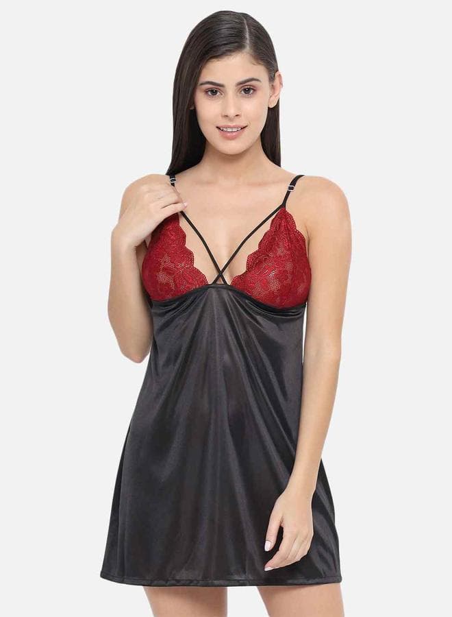 KLAMOTTEN Lace Insert V-Neck Strappy Babydoll Black - Image 1