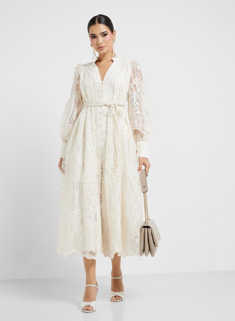 Ivory Lace Midi Dress 6280 with Belted Waist - Image 1