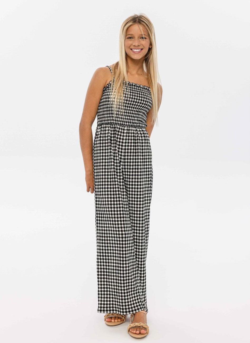 Girls Black Check Shirred Wide-Leg Jumpsuit - Image 1