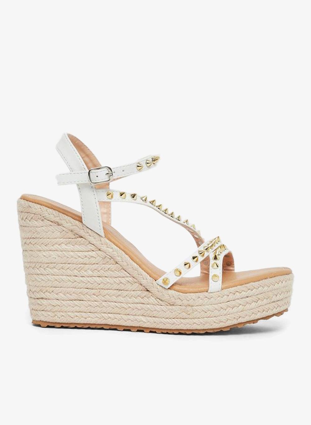 Styli Studded Strappy White Espadrille Wedge Sandals - Image 1