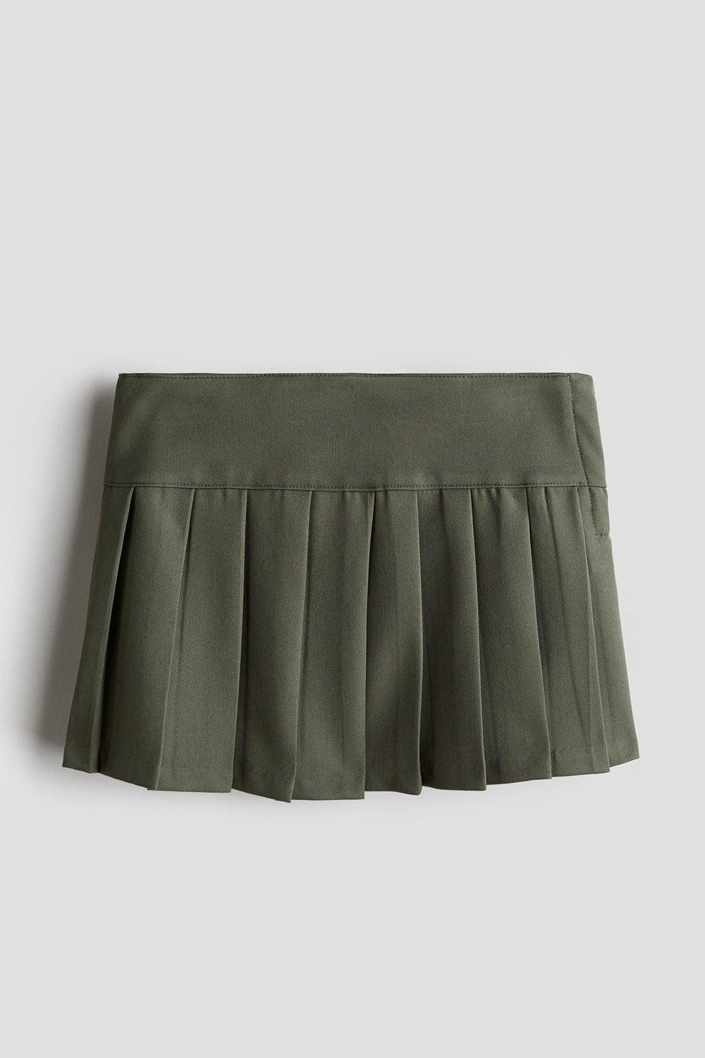 Pleated Twill Mini Skirt in Khaki Green - Image 1
