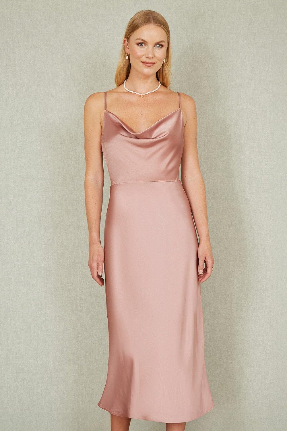 Dusty Rose Satin Cowlneck Midi Dress - Image 1