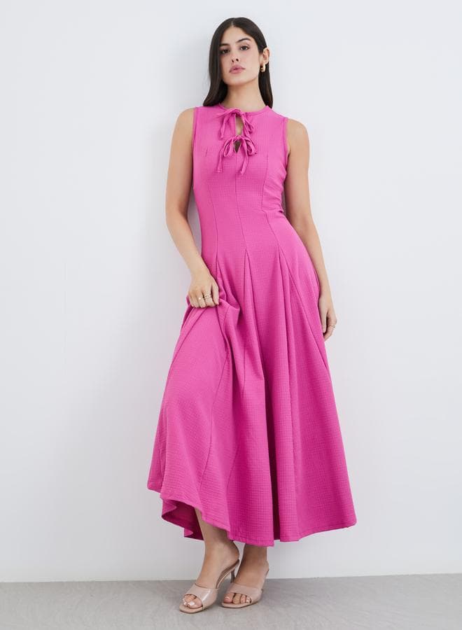 Styli Hot Pink Tie-Up Neck A-Line Midi Dress - Image 1