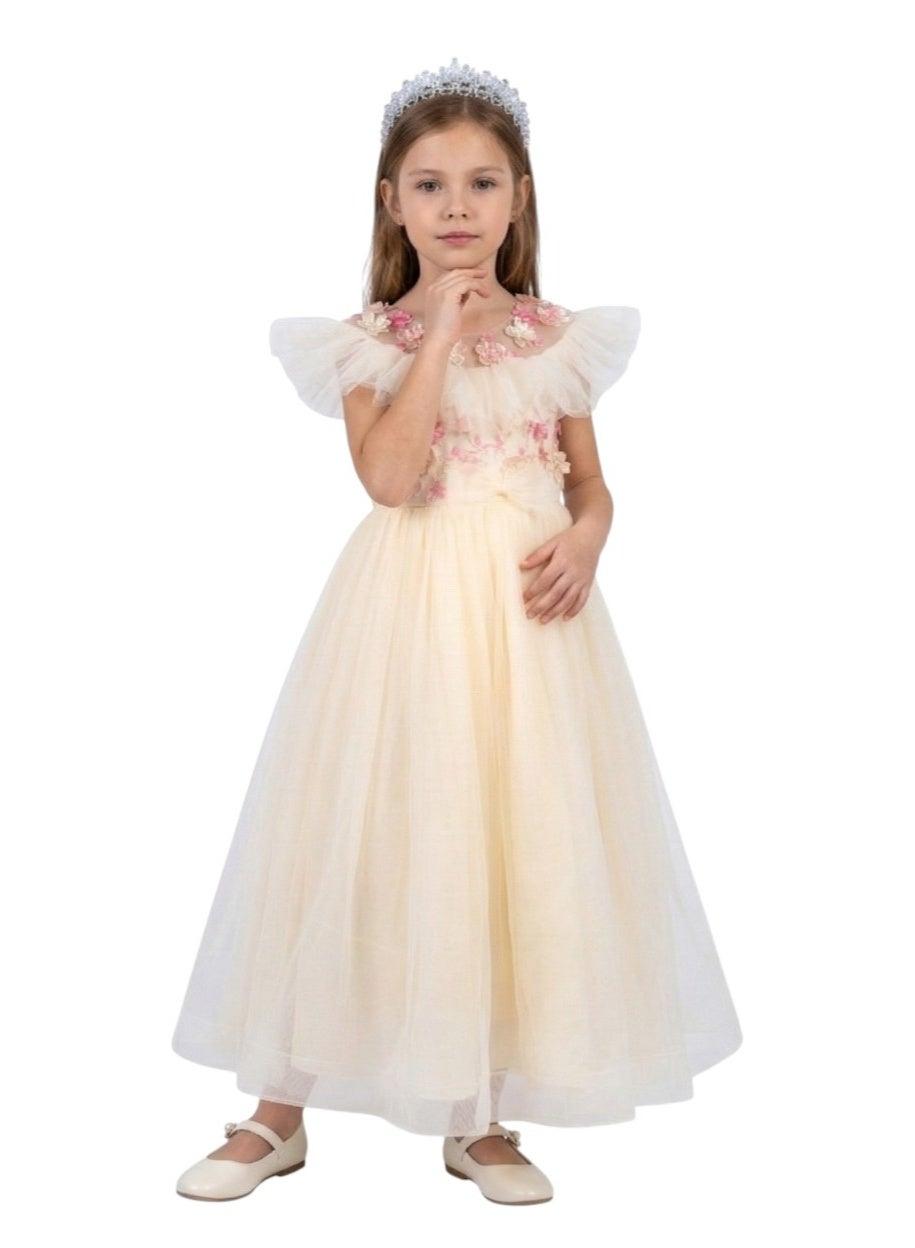 Cream Floral Tulle Maxi Dress with Delicate Embellishments - Image 1
