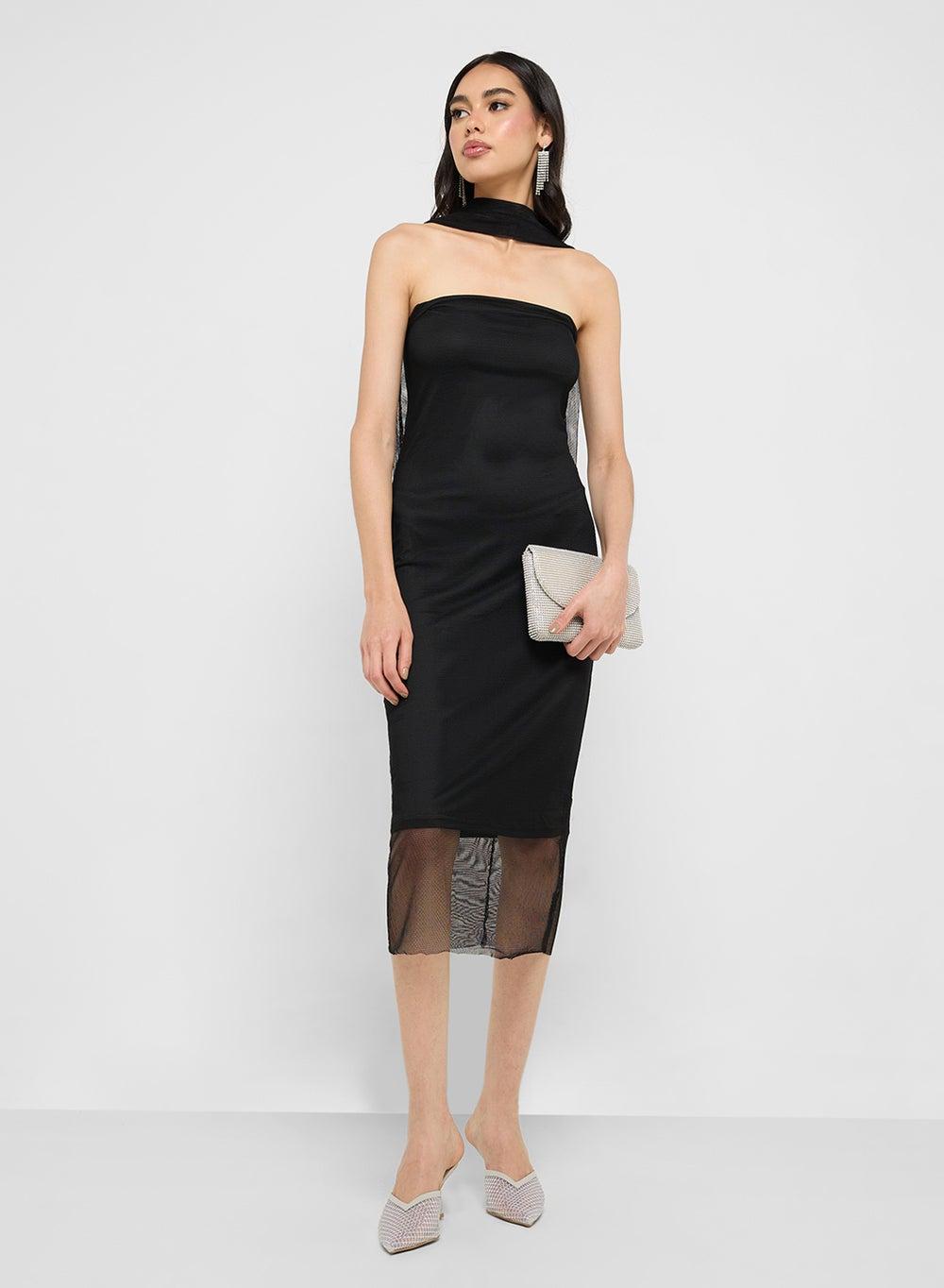 Black Mesh Overlay Bodycon Midi Dress 1221 66 - Image 1