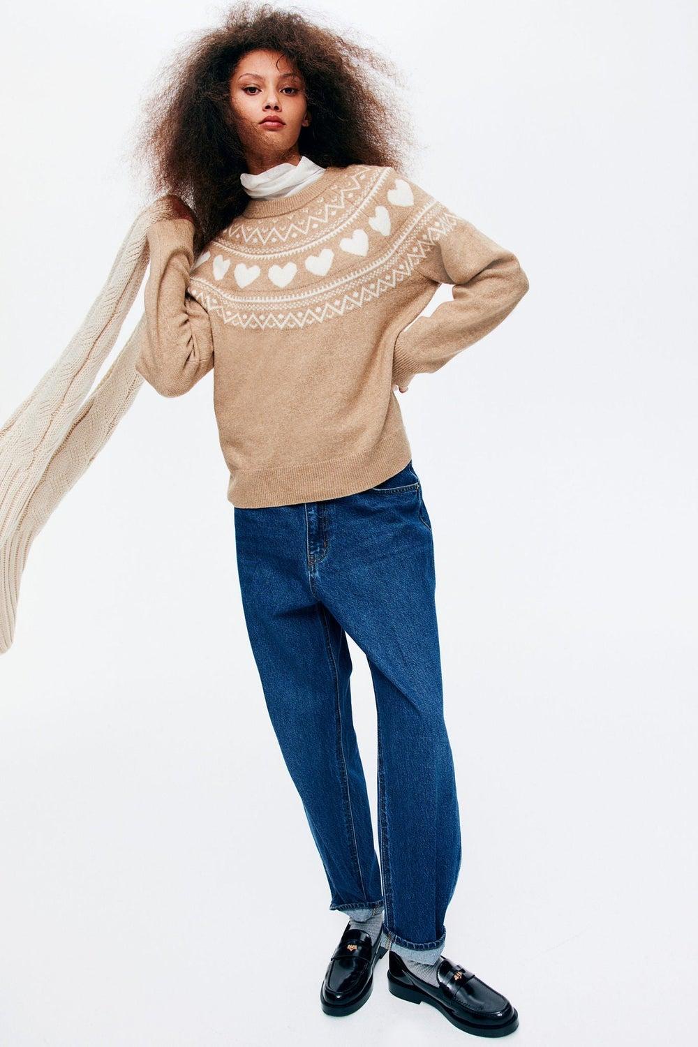 Jacquard Knit Brown Raglan Sleeve Jumper - Image 1