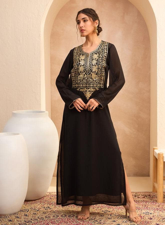 Black Embellished Round Neck Maxi Abaya Dress - Image 1
