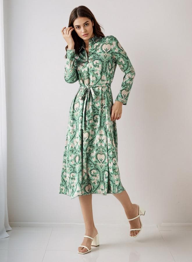 Green Floral Maxi Shirt Dress with Tie-Up Waist - Image 1
