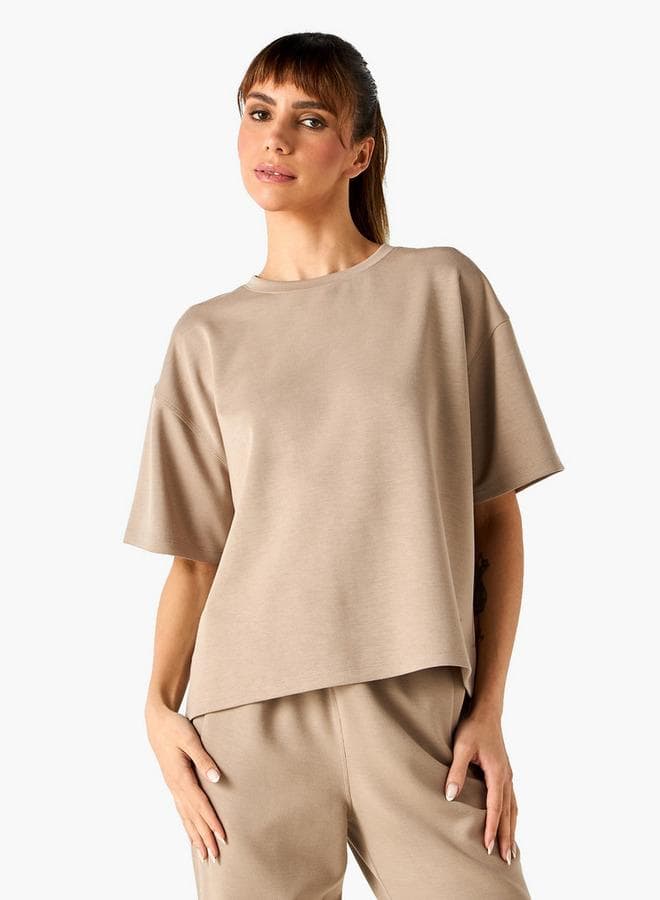 Beige Oversized Side Slit Sports T-Shirt - Image 1