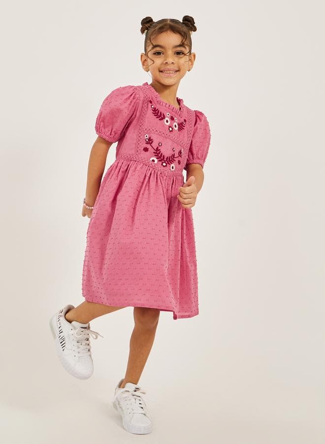 Embroidered Square Neck Puff Sleeve Midi Dress Pink - Image 1