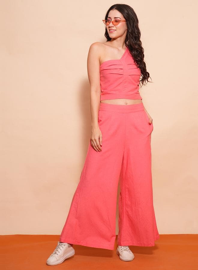 Pink One-Shoulder Pleated Crop Top Palazzo Co-Ord Set - Image 1