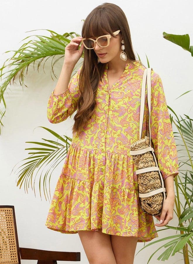 Green Paisley Georgette Shirt Dress Mini - Image 1