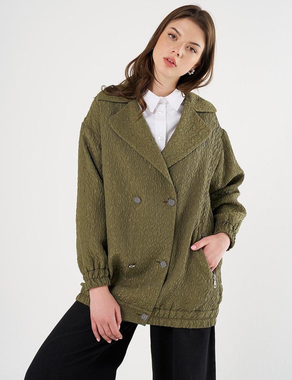 Khaki Double-Breasted Pleated Jacket - Image 1
