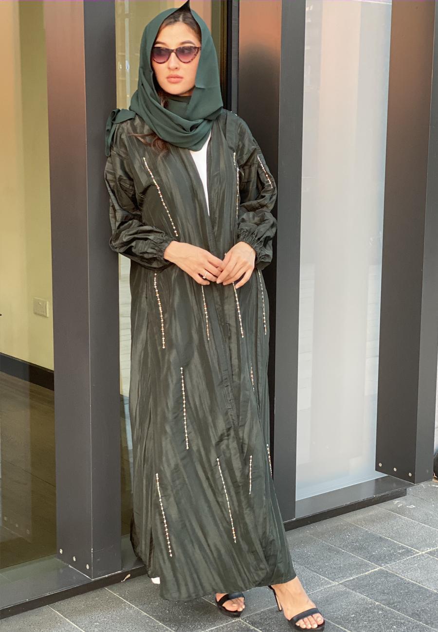 Pleated Open Abaya in Emerald Green, Embellished Evening - Image 1