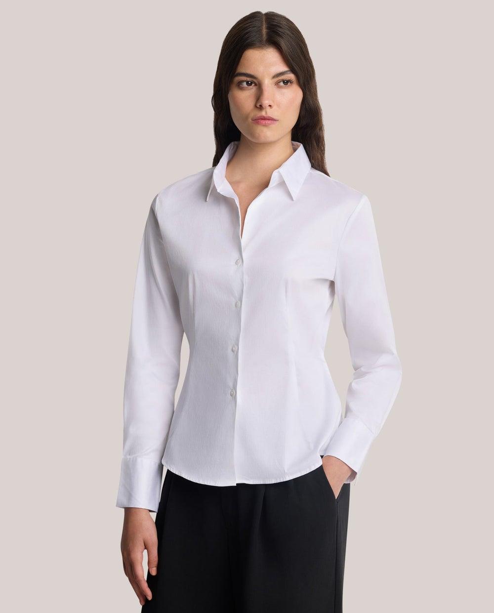 LONG SL. Slim Fit White Sateen Stretch Shirt - Image 1
