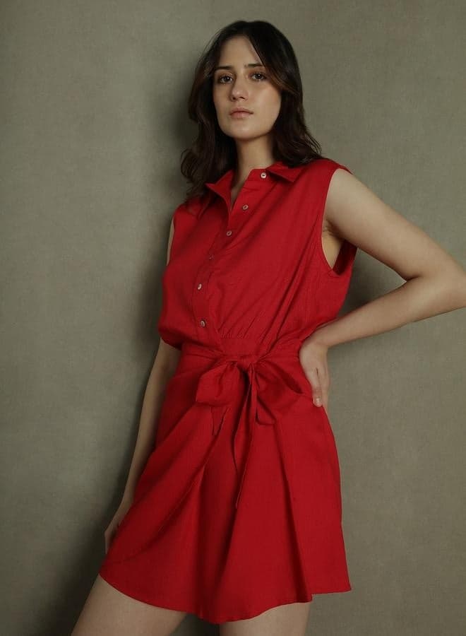 Red Sleeveless Belted Mini Shirt Dress - Image 1