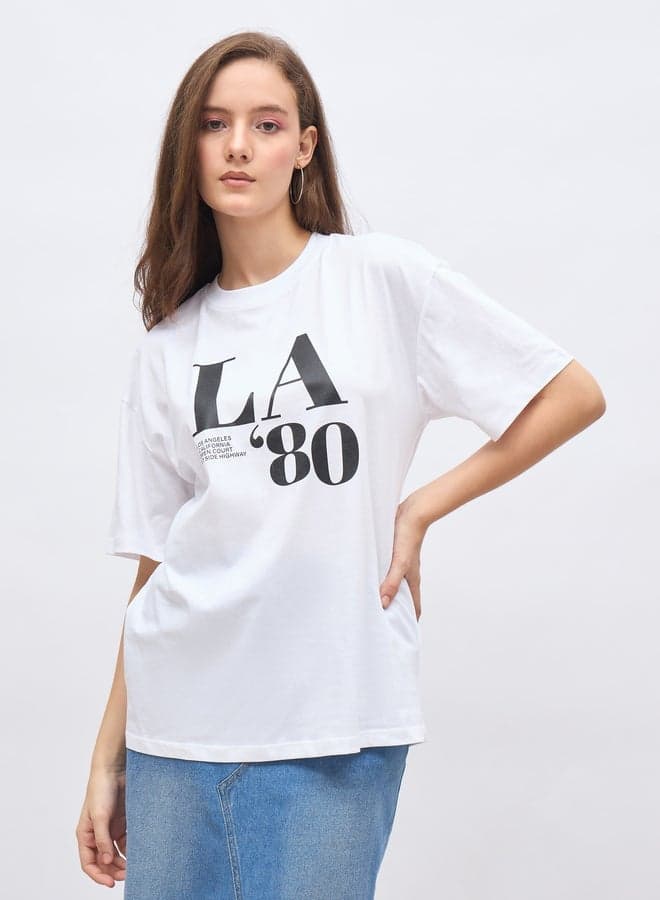 White Graphic Print Oversized Longline T-Shirt - Image 1