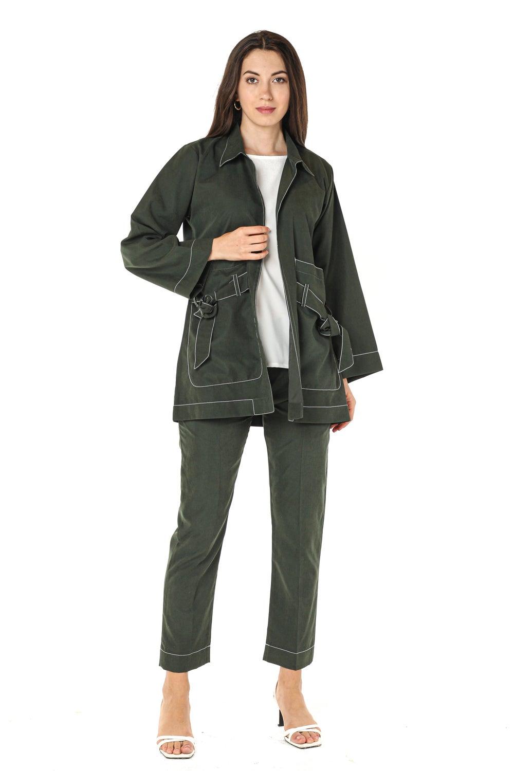 Green Pocket Detail Crepe Top & Pants Set - Image 1