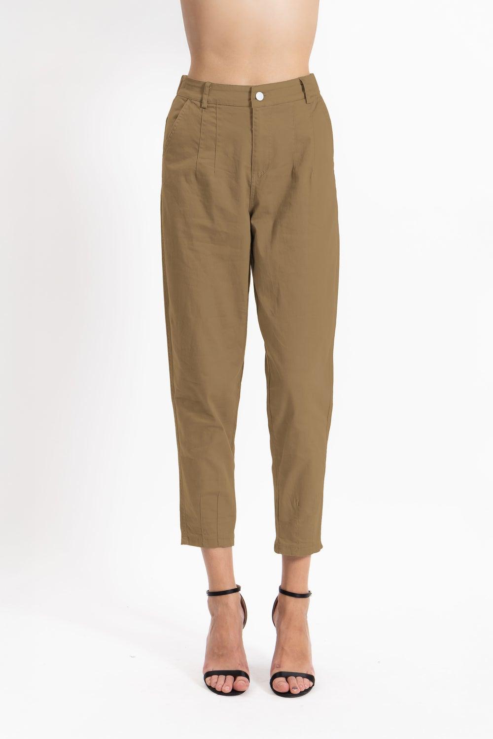 Slim Cropped Comfort Trousers in Brown High-Rise Fit - Image 1
