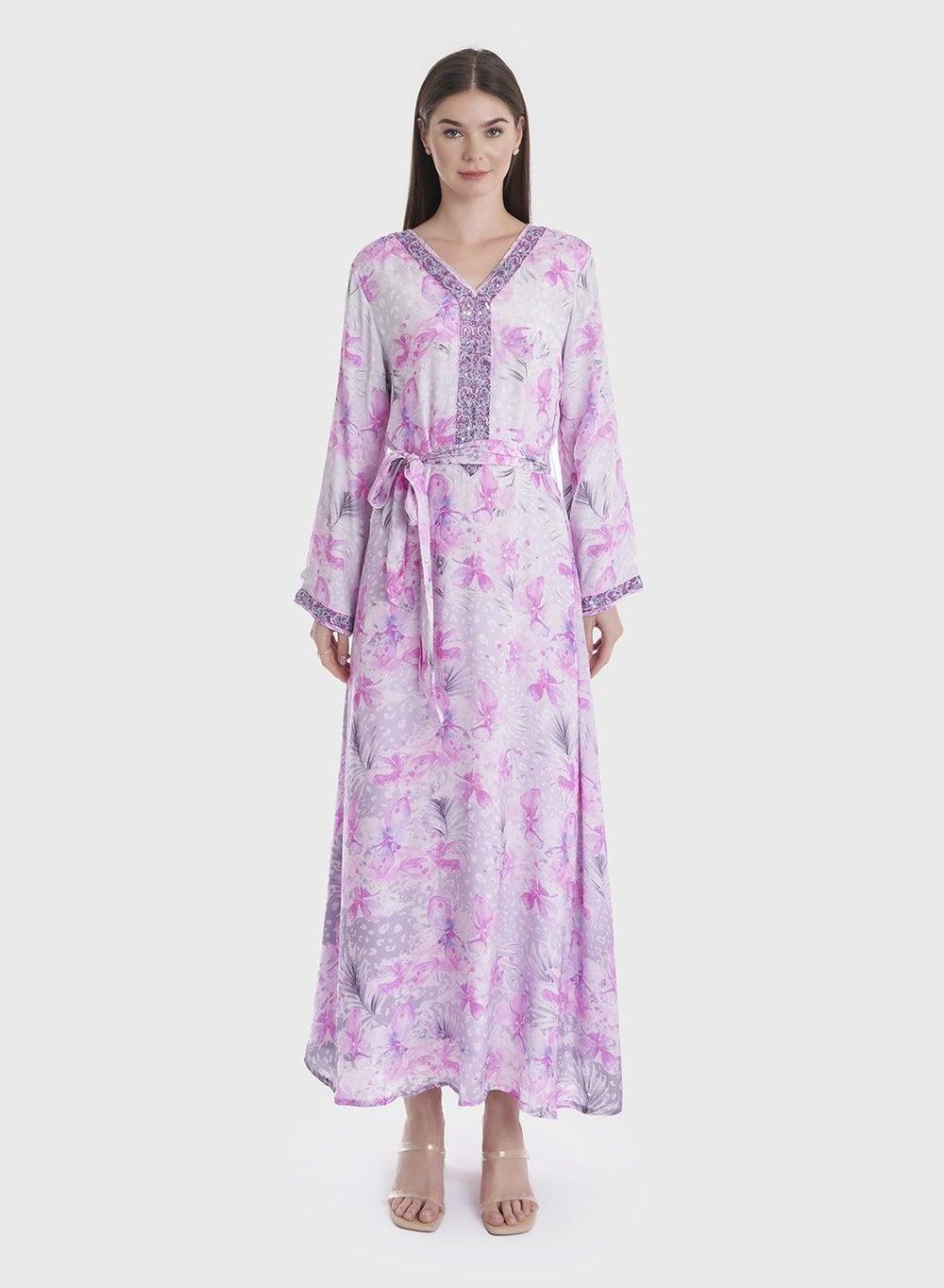 Lilac Floral Viscose Jalabiya with Embroidered Yoke - Image 1