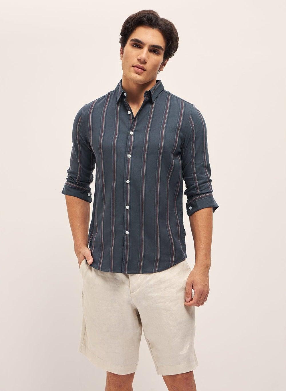 Torrel Teal Cotton Shirt Slim Fit Striped S-XXL - Image 1