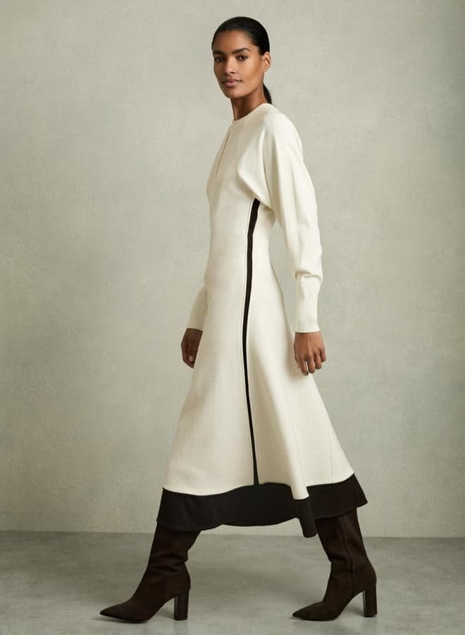 Panelled A-Line Midi Dress in Off-White - Image 1