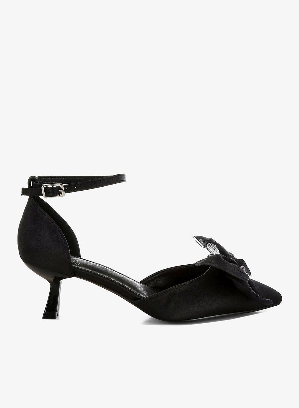 Black Satin Bow Detail Kitten Heel Sandals Sh5114 - Image 1