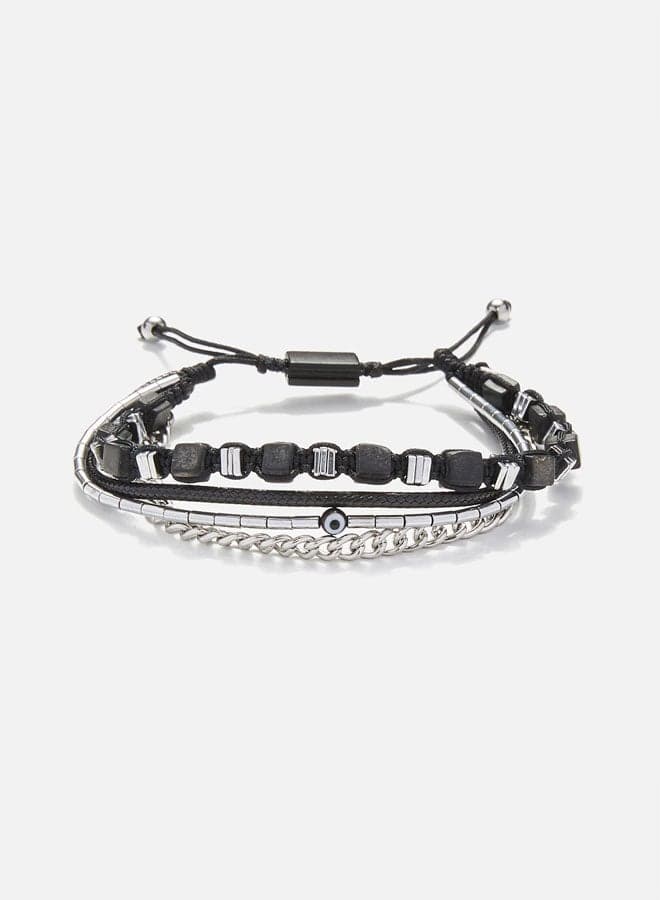 Adjustable Multiline Black Onyx Bracelet with Steel Chain - Image 1