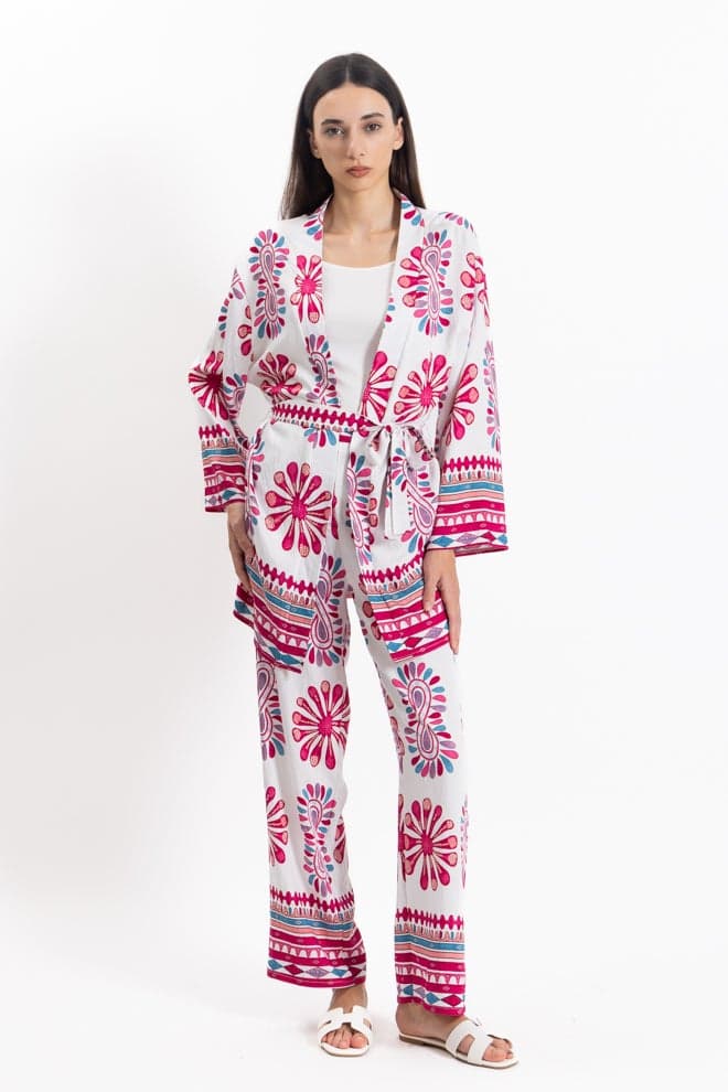 Pink Printed Kimono 3-Piece Pants Set - Image 1