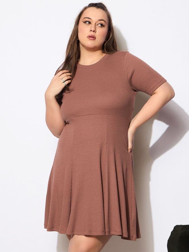 SASSAFRAS Plus Ribbed Mauve Fit & Flare Dress - Image 1