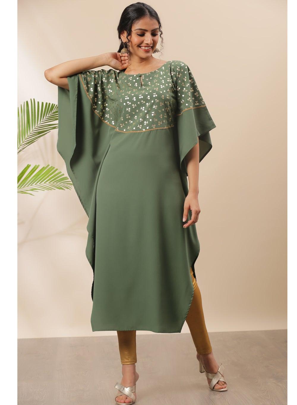 Olive Printed Kaftan Midi Dress with Gold Cherry Motif - Image 1