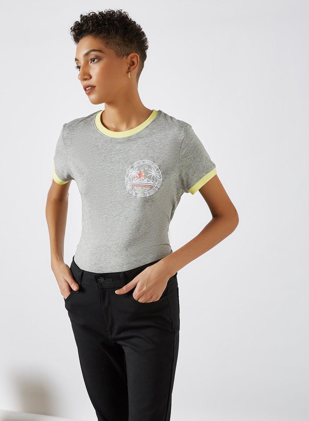 Embroidered Patch Graphic T-Shirt Grey Marl Yellow - Image 1